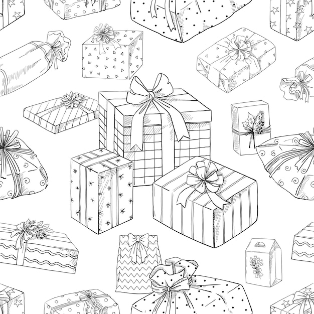 Patrón de boceto de caja de regalo Impresión sin costura con cumpleaños y Navidad caja de regalo de cartón con decoración cintas y lazos Regalos festivos boceto de celebración de vacaciones premios de grabado vectorial textura