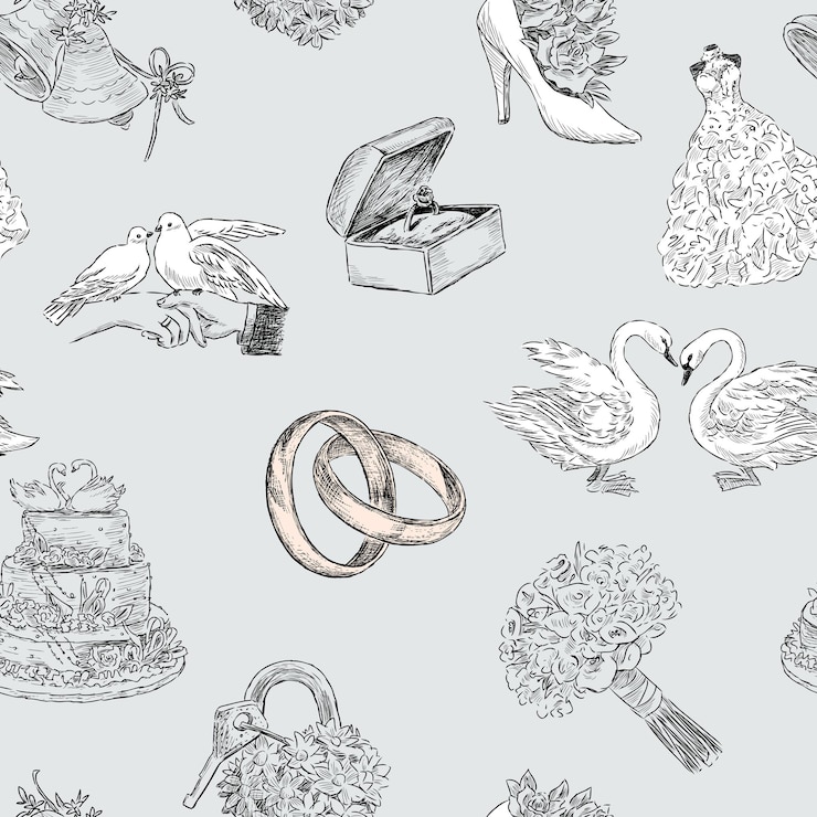 Vector patrón de bocetos varios símbolos de boda.