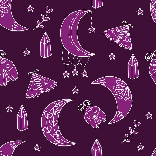 Patrón boho celestial con estrellas de luna polilla de cristal