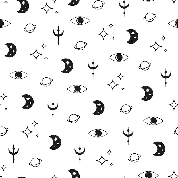 Patrón Boho sin costuras con luna creciente tercer ojo planeta y estrellas
