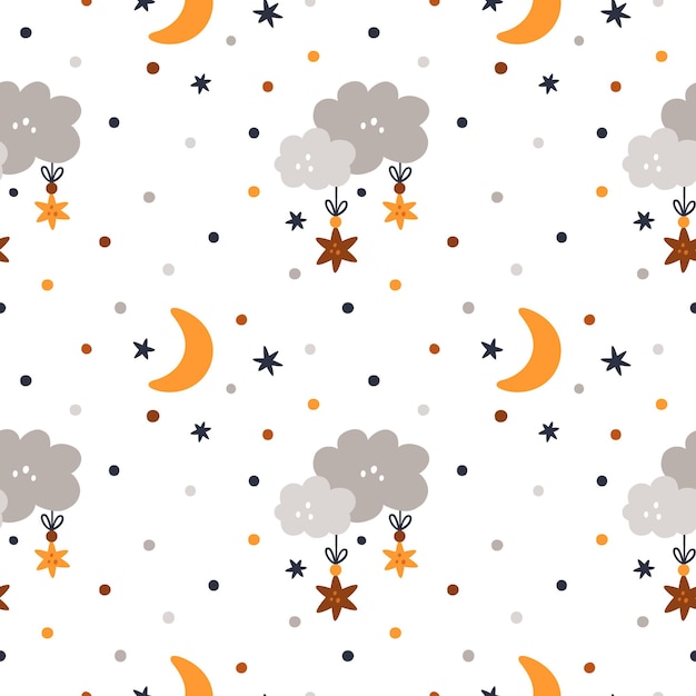 Patrón de boho infantil sin fisuras con nubes de dibujos animados, lunas y estrellas para niños