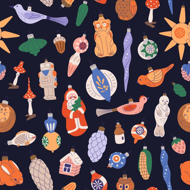Patrón de bolas navideñas vintage. Fondo sin costura con adornos retro, juguetes. Impresión repetida, diseño de textura de la vieja decoración de Navidad. Ilustración vectorial plana de color para textil, envoltura.