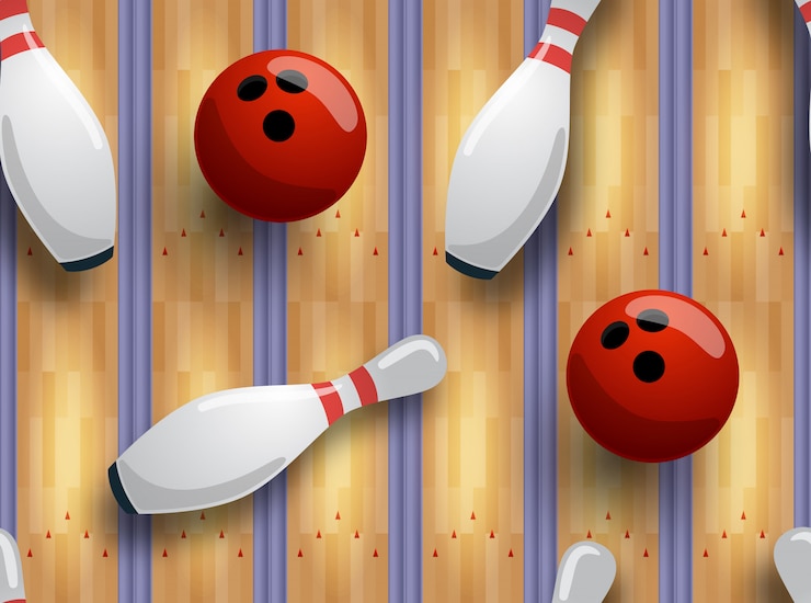 Vector patrón de bolos sin fisuras. pista de bolos, pelota, bolos en el suelo.