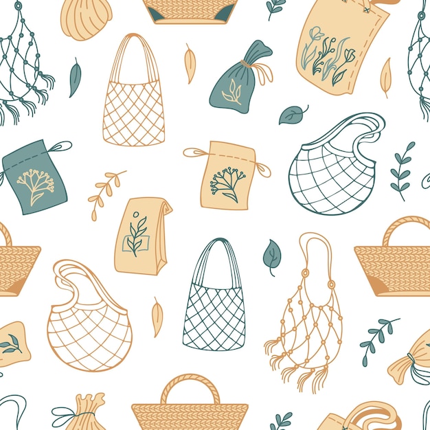 Patrón de bolsas ecológicas Bolsas de tela para compradores y una bolsa de mimbre con un estampado floral de composición natural Cero residuos cuidando la naturaleza sin plástico Para fondo de envoltura de tela de papel tapiz