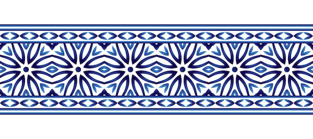 Patrón de borde de azulejo de cerámica Motivos árabes indios islámicos Borde de damasco de patrones sin fisuras Porcelana fondo étnico bohemio Flor abstracta Ilustración vectorial