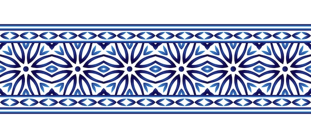 Patrón de borde de azulejo de cerámica Motivos árabes indios islámicos Borde de damasco de patrones sin fisuras Porcelana fondo étnico bohemio Flor abstracta Ilustración vectorial