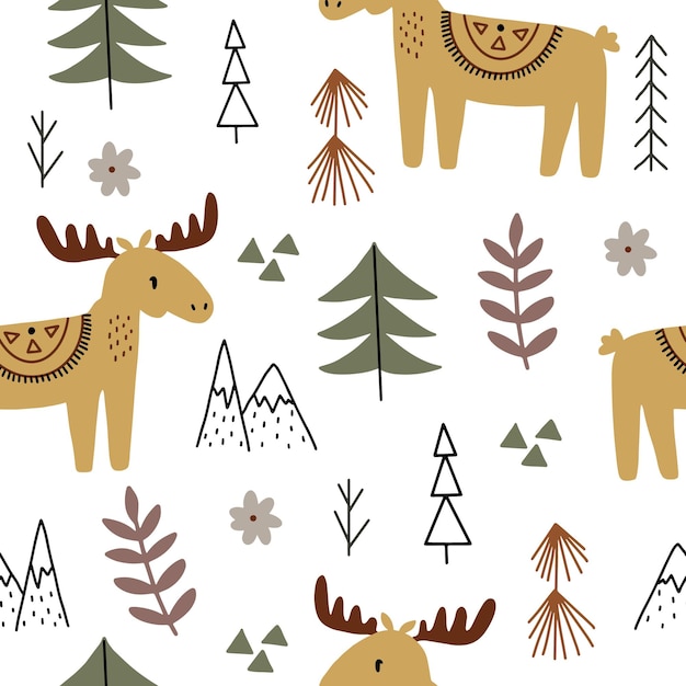 Patrón de bosque Árboles lindos y animales salvajes Dibujos animados para niños Estampado estilo escandinavo para niños