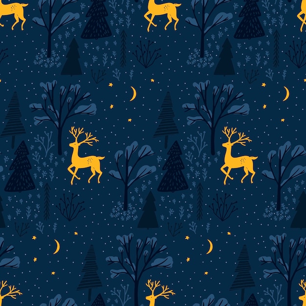 Patrón de bosque y ciervos de invierno, fondo transparente. ilustración de navidad de arte popular. oodland de noche.
