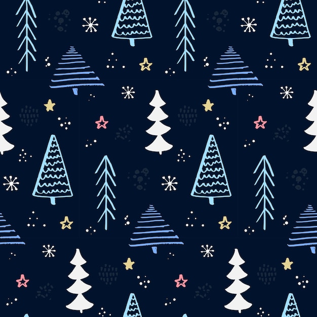 Patrón de bosque de invierno con árbol de Navidad dibujado a mano. Cielo nocturno azul con estrellas y copos de nieve. Fondo de vector para envolver papel y diseños navideños.