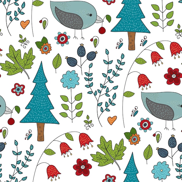 Patrón de bosque de vector transparente con lindas ilustraciones en color