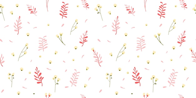 Patrón botánico sin costuras dibujado a mano con fondo blanco con flores y hojas delicadas