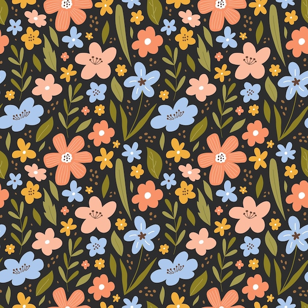 Patrón botánico sin costuras con flores de pradera y hojas sobre fondo oscuro Estampado floral