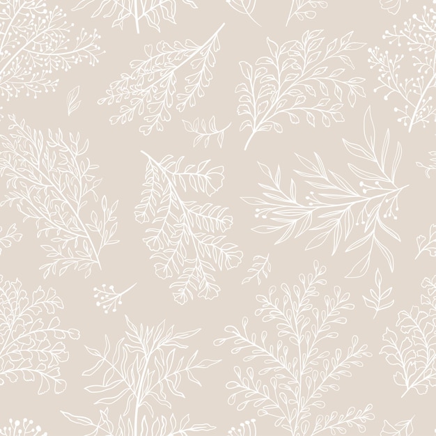 Patrón botánico sin costuras con hojas y ramas Fondo vectorial en estilo lineal minimalista de moda Diseño de contorno dibujado a mano para estampa de tela portada pancarta e invitación