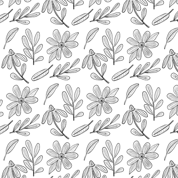 Vector patrón botánico delineado con flores silvestres fondo floral repetitivo sin costuras con estampado de hierbas