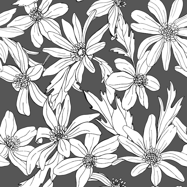 Patrón botánico sin fisuras aislado sobre fondo gris Flores silvestres blancas y flores del bosque son manzanilla de anémonas dibujadas a mano Diseño para ropa de papel de papel tapiz de tela femenina