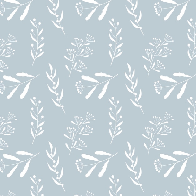 Patrón botánico de hierbas con ramas estilizadas garabateadas color blanco sobre fondo azul pastel textil