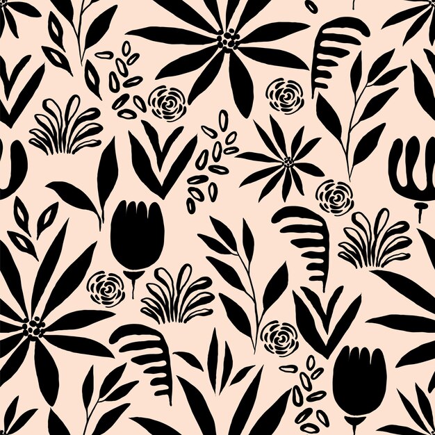 Patrón botánico minimalista con tallos frondosos y pequeñas flores en un fondo beige elegante