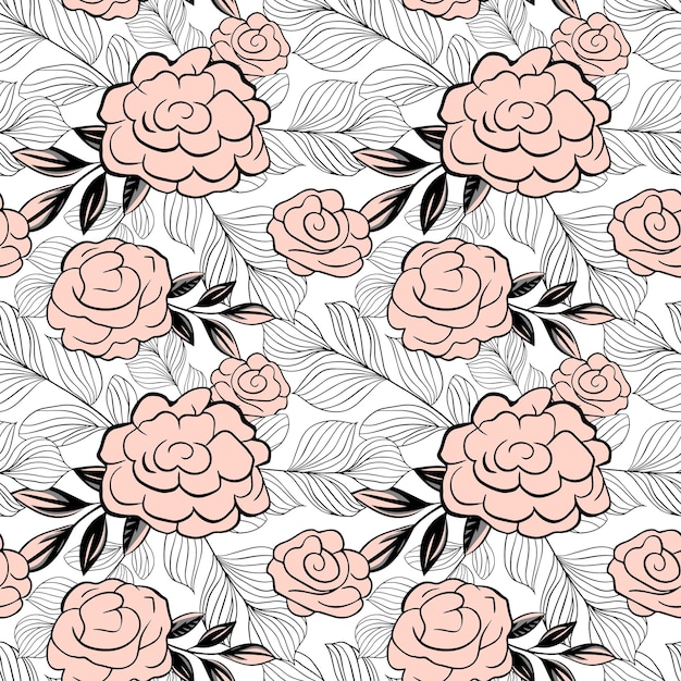 Patrón botánico monocromo Fondo sin costuras con rosas Papel de pared floral de contorno dibujado a mano