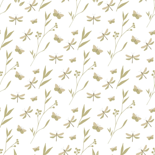 Patrón botánico de vector transparente. Libélulas y hierba. Ideal para imprimir en tela y papel.