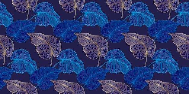 Patrón botánico vectorial azul sin fisuras con hojas de palma doradas y azules para cubiertas y fondos de papel de envoltura textil