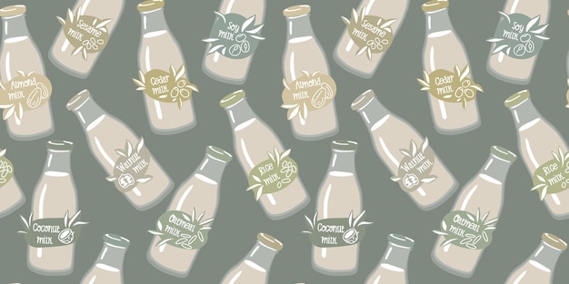 Vector un patrón de botellas de vidrio con etiquetas de leche vegetal almendras de coco nueces de soja arroz avena