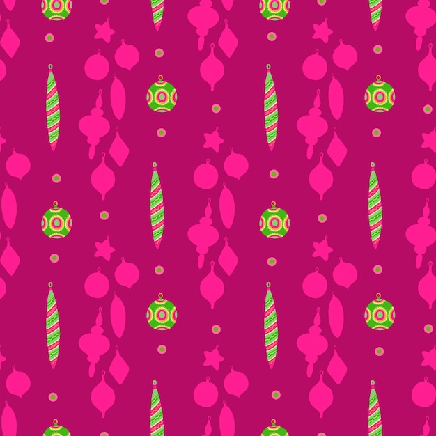 Patrón brillante de año nuevo de vector transparente con bolas de adorno de árbol de piel verde y silhouttes rosa