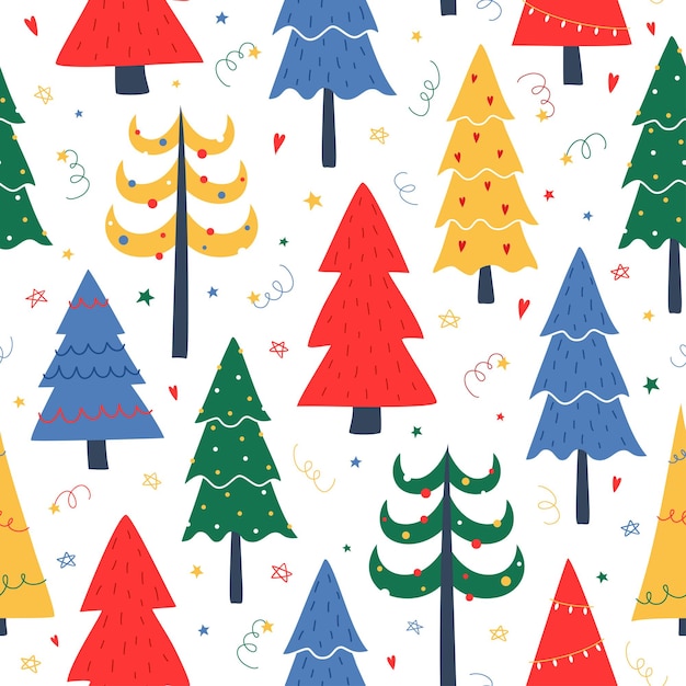 Patrón brillante con árboles de Navidad sobre un fondo blanco Dibujo de vacaciones vectorial Para diseño digital de postal de papel de tela