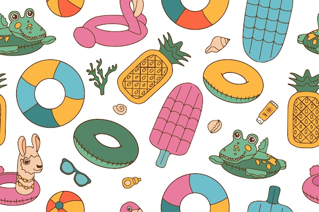 Patrón brillante sin costuras de elementos de garabateo de anillos de natación, bolas, gafas de sol y una máscara de pecho en estilo garabateado Ilustración vectorial Vector