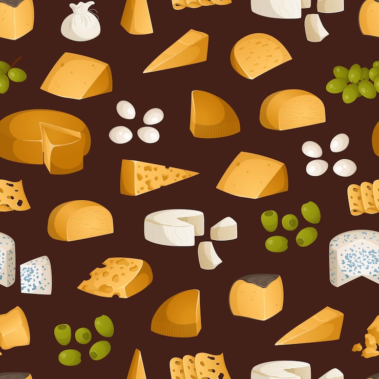 Vector patrón brillante de diferentes tipos de quesos y frutas aperitivos bocadillos para el vino ilustración vectorial en estilo realista