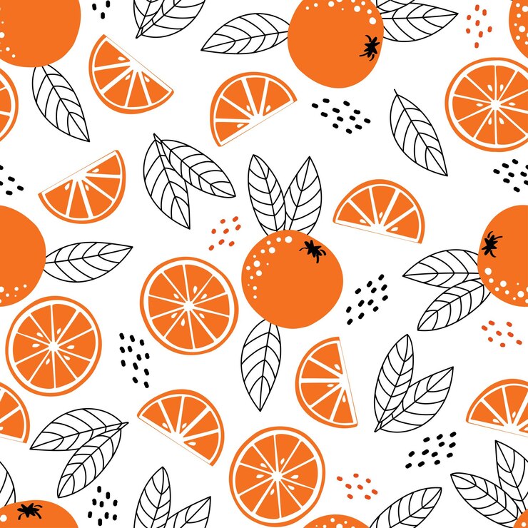 Vector patrón brillante sin inconvenientes con naranjas frescas sobre un fondo blanco. adecuado para tela, etiquetas, estampado de camisetas, papel pintado, cubiertas, papel de envolver. fondo de frutas en estilo plano.