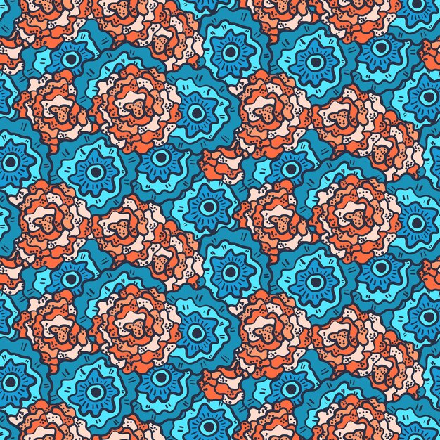 Patrón brillante con un lío de rosas azules y naranjas