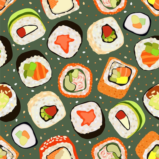 Patrón brillante transparente de vector con rollos de sushi cocina japonesa