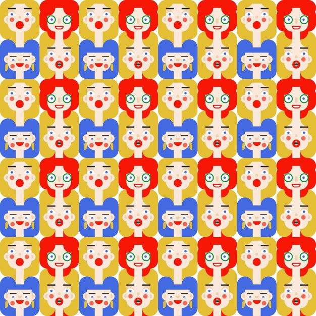 Patrón brillante de vector bauhaus sin costuras con caras sonrientes de mujer con cabello rojo y azul.