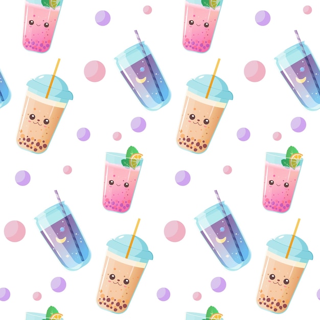 Patrón de bubble tea y tapioca en un kawaii