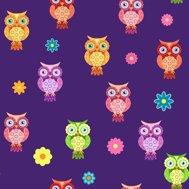 Patrón de búho colorido sin costuras para niños con flores, nubes y ramas