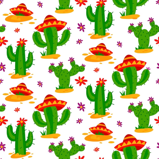 patrón de cactus mexicanos en un estilo plano cactus brillantes en sombreros textura sin costuras con cactus en flor