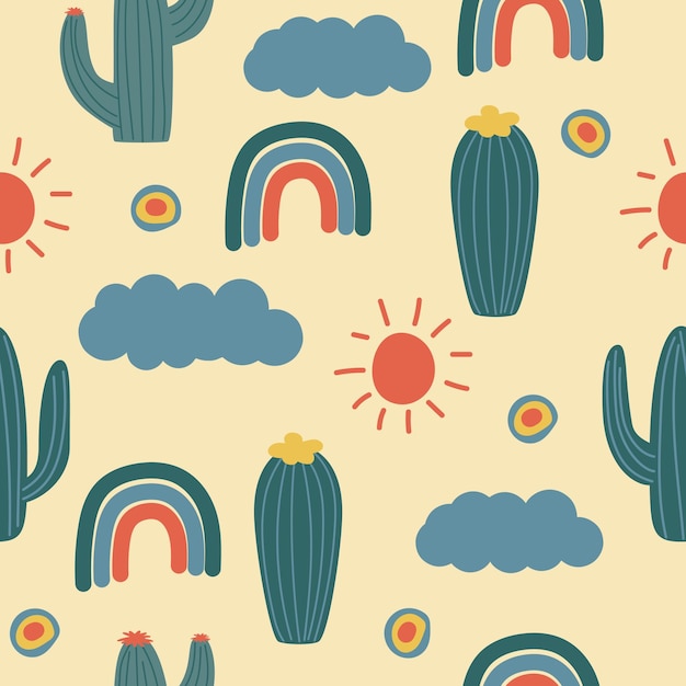 patrón de cactus y nubes
