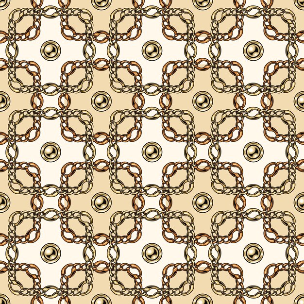 Patrón de cadena geométrica sin costuras con intrincados cuadrados superpuestos sobre fondo blanco Cadenas de oro y cobre cuentas Ilustración vectorial