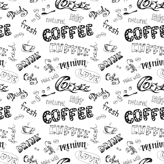 Vector patrón de café de garabato sin costuras sobre fondo blanco ilustración de vector de stock dibujado a mano