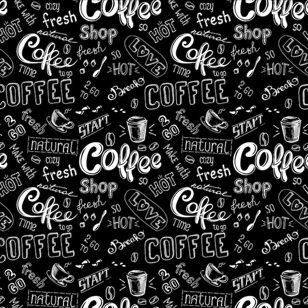 patrón de café de garabato sin costuras sobre fondo negro ilustración de vector dibujado a mano