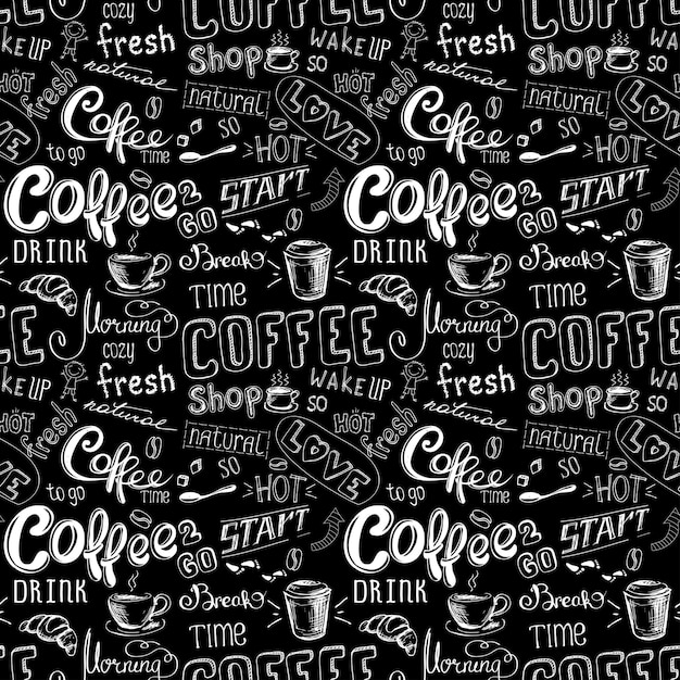 patrón de café de garabato sin costuras sobre fondo negro ilustración de vector de stock dibujado a mano