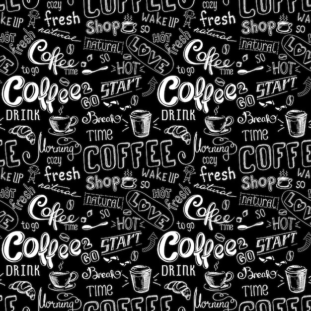 patrón de café de garabato sin costuras sobre fondo negro ilustración de vector de stock dibujado a mano