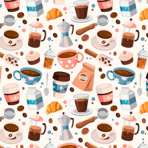 Patrón de café plano dibujado a mano