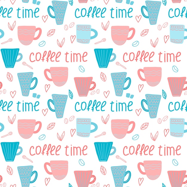 Vector patrón de café de vector con tazas de café azul y rosa y la inscripción hora del café en estilo doodle