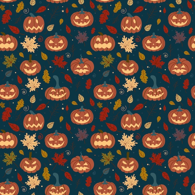 Patrón de calabaza sin fisuras con hojas de otoño caídas sobre un fondo oscuro Patrón de Halloween