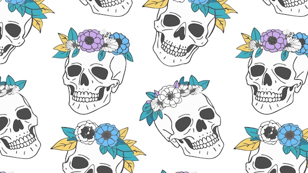 Patrón de calavera sin costuras con coronas florales para papel tapiz de tela o impresiones digitales