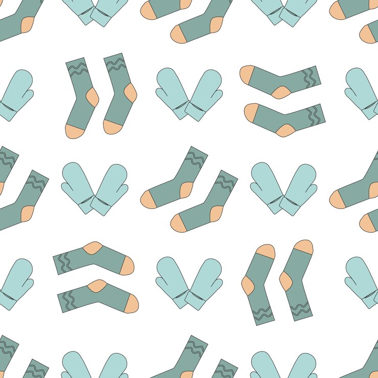 Vector patrón de calcetines y mitones de ropa de abrigo de invierno en estilo de arte lineal para envolver regalos, papel de regalo