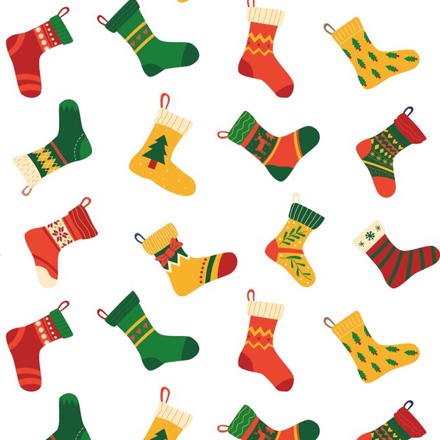 Patrón de calcetines de navidad fondo sin costuras con medias de celebración de garabatos contemporáneos para regalos de año nuevo textura de invierno para tarjetas de felicitación decoración papel de regalo textil impresión de navidad vectorial