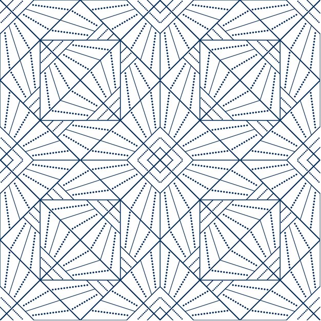 Patrón caleidoscópico geométrico sin costuras azul de líneas y puntos Ornamento diagonal cuadrado vectorial