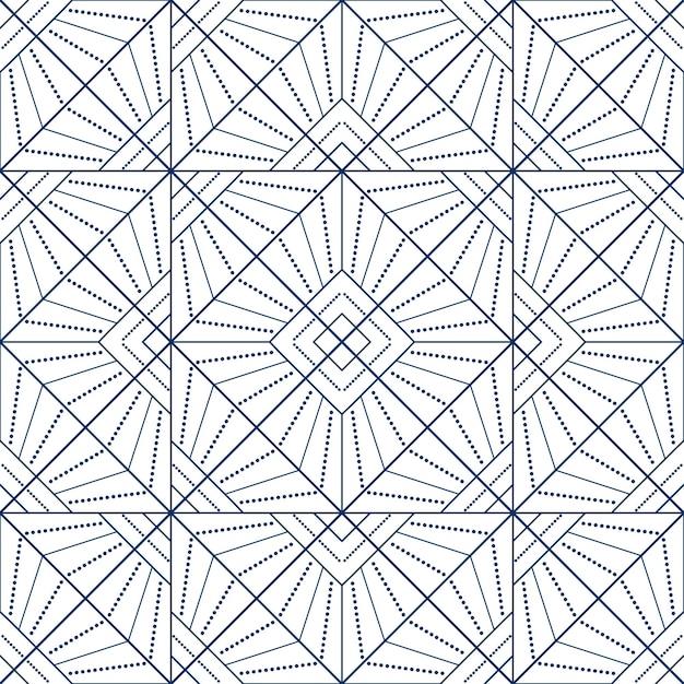 Patrón caleidoscópico geométrico sin costuras azul de líneas y puntos Ornamento diagonal cuadrado vectorial